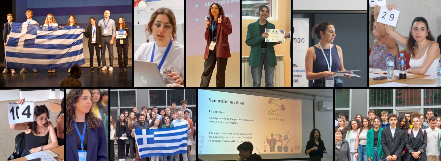 Collage: the Greek team on stage with the flag, presenting at conferences, receiving a certificate, judging at IYNT with score cards, and group photos with students.